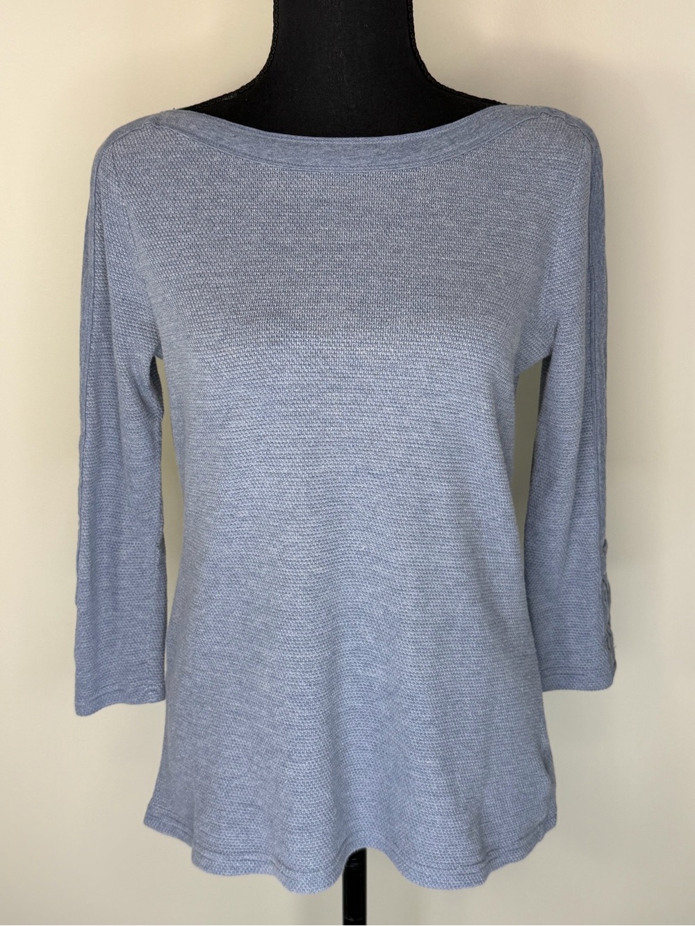 Chaps Sweater Womens Medium Blue Waffle Knit Boat Neck 3/4 Sleeve Lace Up Top